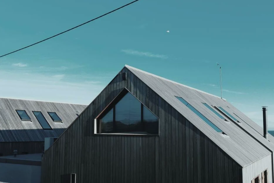 A dark metal-roofed house with skylights
